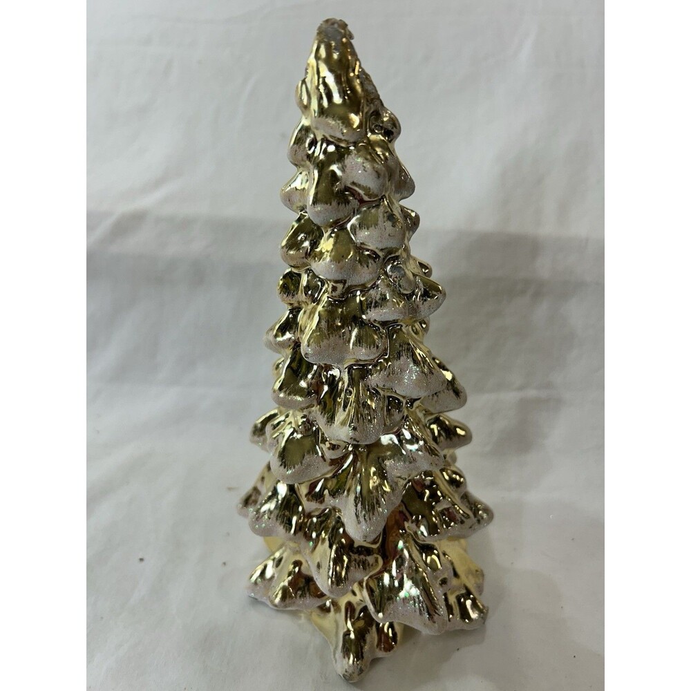 At Home Gold Christmas Tree Candle Snow Holiday Decor Vintage Seasonal